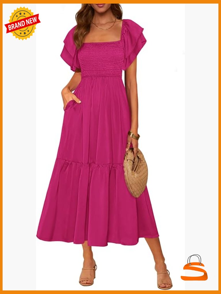 Square Neck Ruffle Sleeve Smocked High Waist Midi A-Line Dress